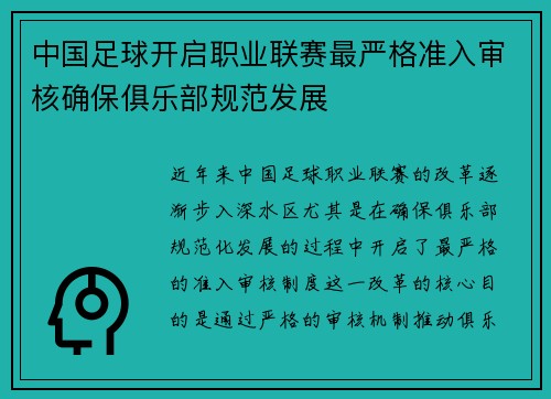 中国足球开启职业联赛最严格准入审核确保俱乐部规范发展